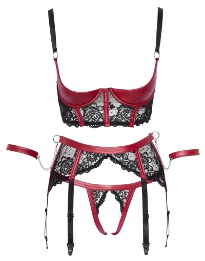 Komplet s otevřenou podprsenkou a pouty Cottelli Bondage, černo-červený, L - obrázek 6