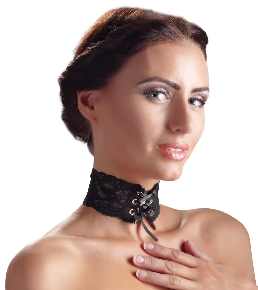 Krajkový choker Svenjoyment se saténovým šněrováním, černý, 32 cm - obrázek 2