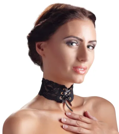 Krajkový choker Svenjoyment se saténovým šněrováním, černý, 32 cm - obrázek 2