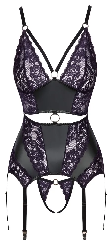 Komplet Cottelli Lingerie, korzet s podvazky a tanga, černý s fialovou krajkou, M - obrázek 7