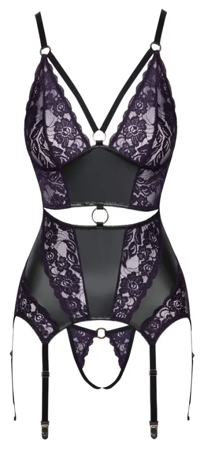 Komplet Cottelli Lingerie, korzet s podvazky a tanga, černý s fialovou krajkou, M - obrázek 7