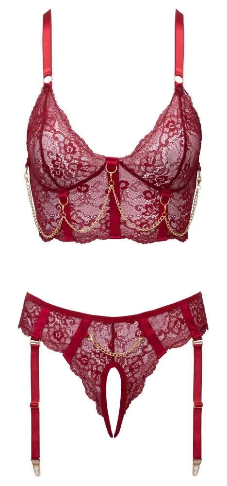 Krajkový komplet Cottelli LINGERIE s řetízky a podvazky, tmavě červený, S - obrázek 7