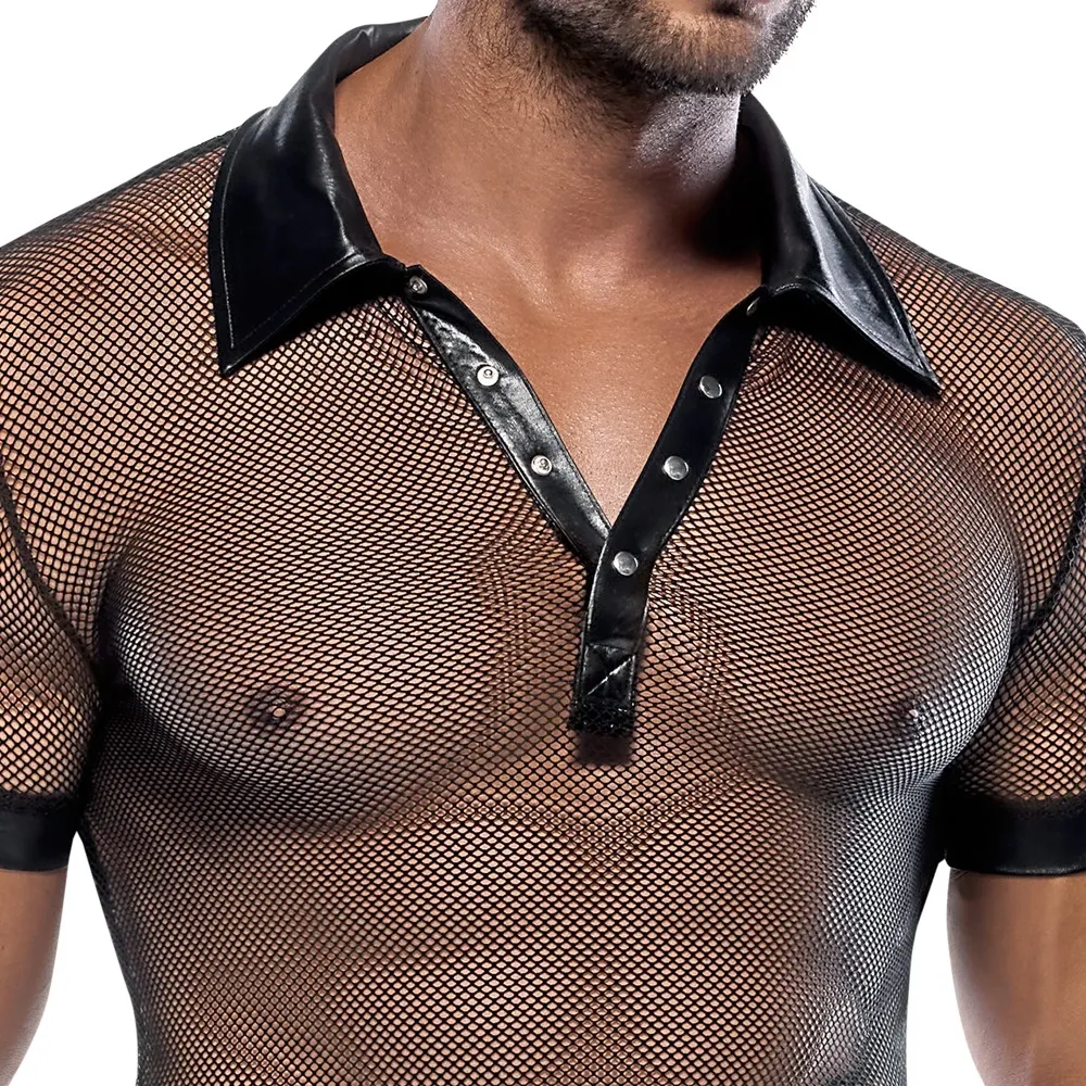 Pánská polokošile Svenjoyment, wetlook a síťovina, patentky, černá, M - obrázek 8