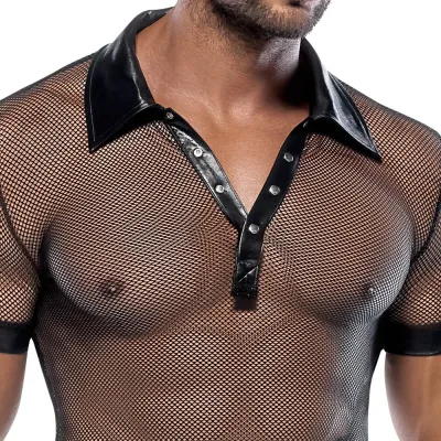 Pánská polokošile Svenjoyment, wetlook a síťovina, patentky, černá, M - obrázek 8
