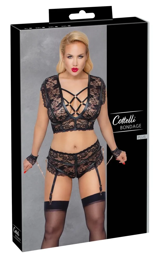 Krajkový komplet Cottelli Bondage s pouty, kalhotky s otevřeným rozkrokem, černý, 4XL