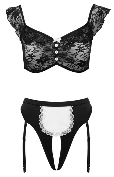 Kostým služky Cottelli COSTUMES, krajkový top a tanga s podvazky, černobílý, M - obrázek 8
