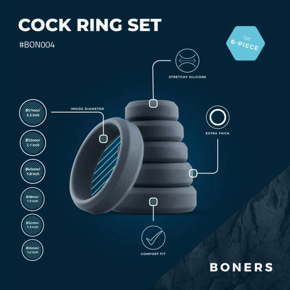 Sada 6 silikonových erekčních kroužků EasyToys, ploché, různé velikosti, černé - obrázek 2