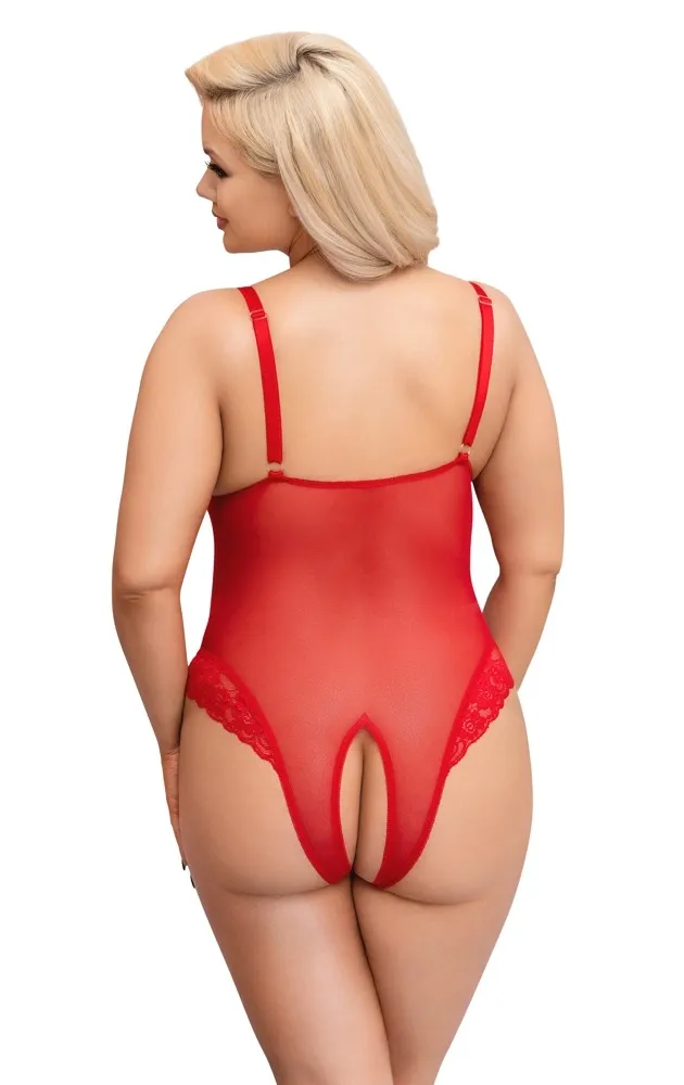 Průsvitné body Cottelli Curves s otevřeným rozkrokem, červené, XL - obrázek 4