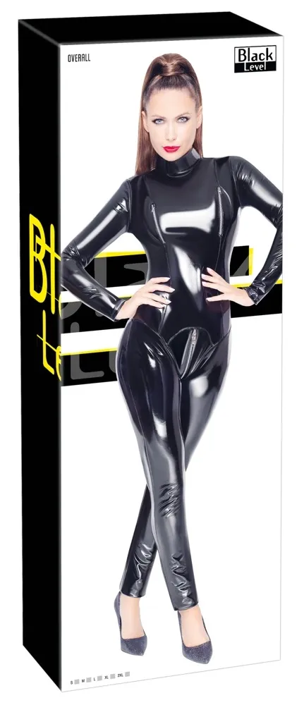 Vinylový overal Black Level s dlouhými rukávy a obousměrným zipem, černý, M
