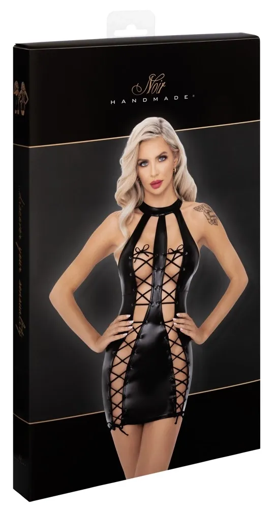 Krátké šaty Noir Handmade, powerwetlook, nastavitelné šněrování vpředu, černé, S