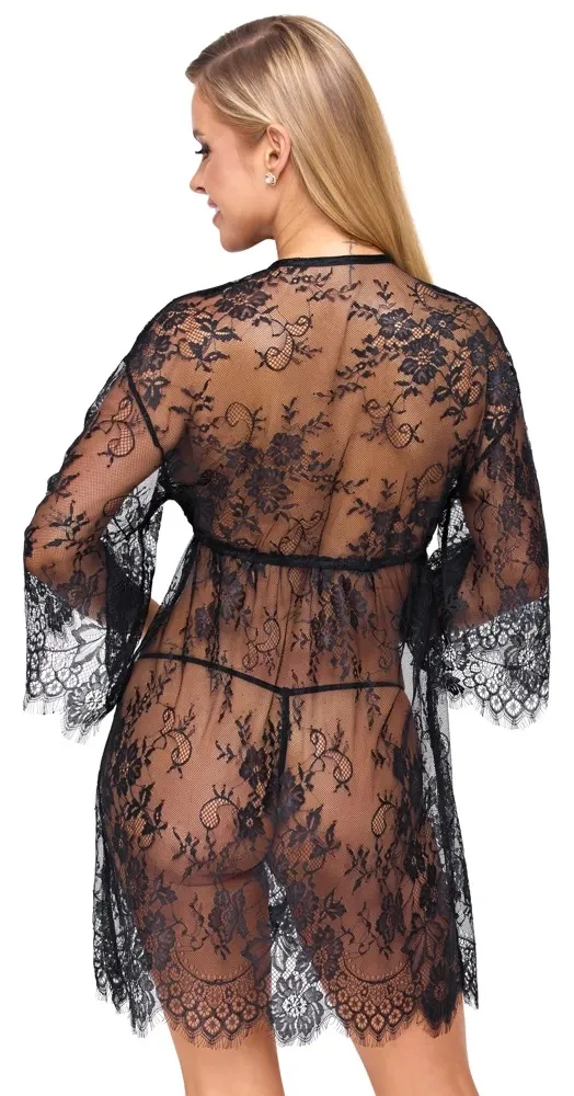 Krajkové kimono Cottelli LINGERIE s tangami, černé, průsvitné, L/XL - obrázek 4