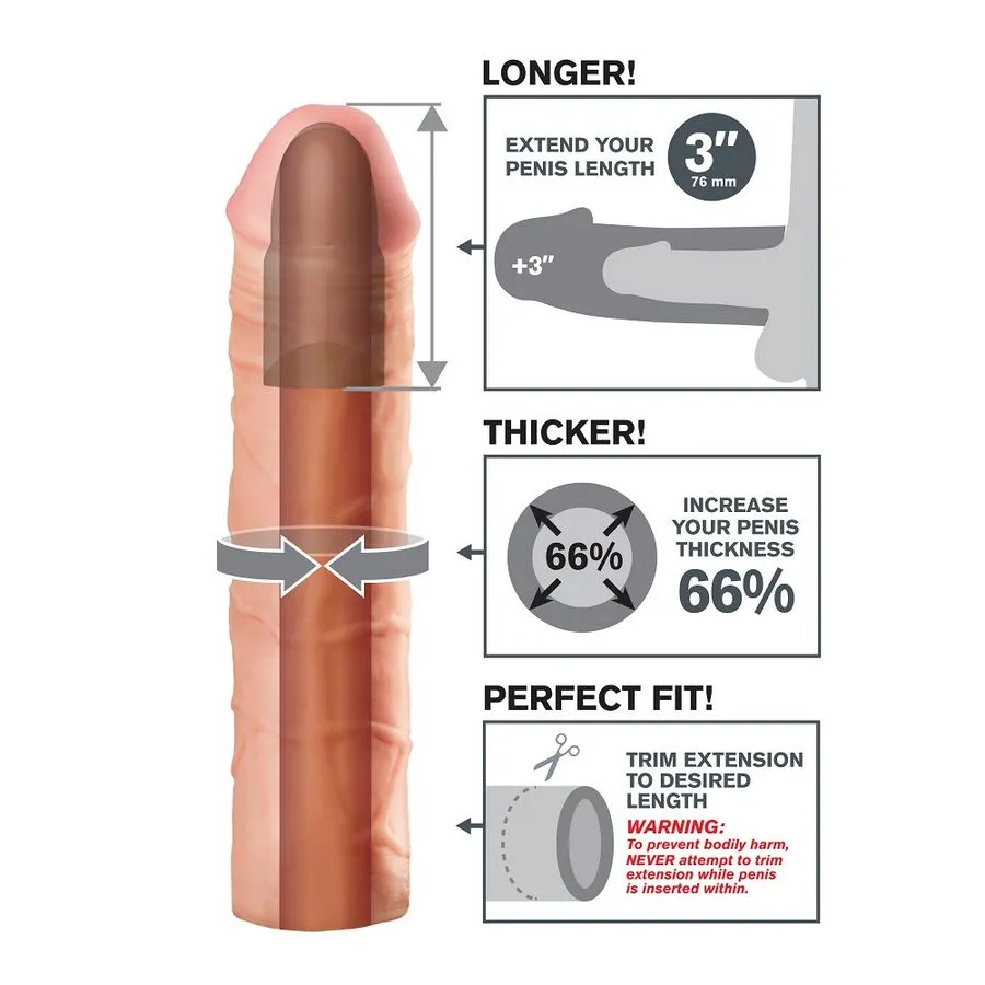 Návlek na penis Fantasy X-tensions Mega 3″, prodloužení o 7,6 cm, tělový - obrázek 4