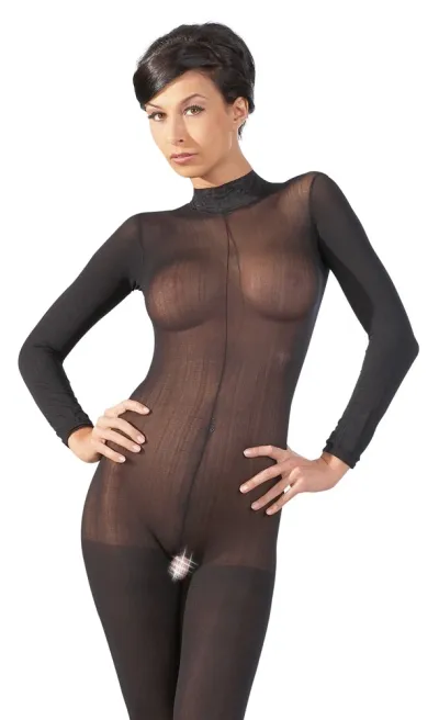 Síťový catsuit Cottelli Collection s krajkovým límečkem, černý, M/L - obrázek 2