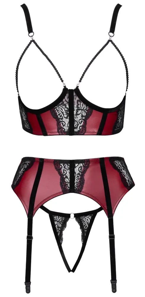 Komplet Cottelli LINGERIE podprsenka, podvazkový pás a tanga, tmavě červený a černý, S - obrázek 6