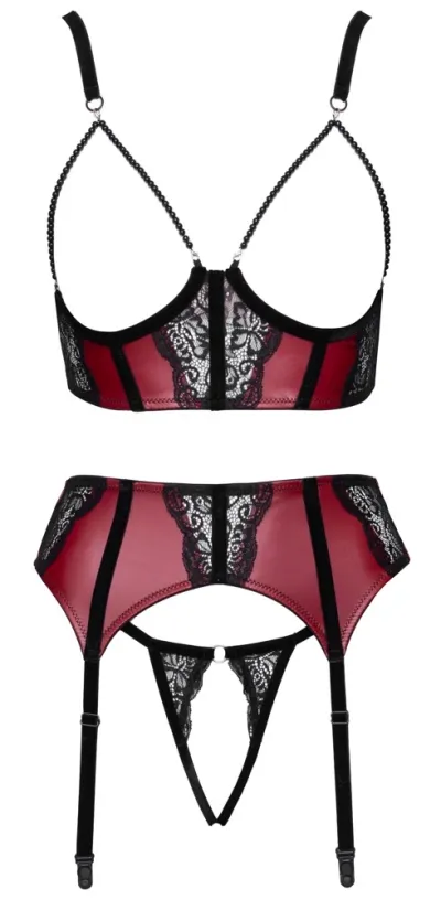 Komplet Cottelli LINGERIE podprsenka, podvazkový pás a tanga, tmavě červený a černý, S - obrázek 6
