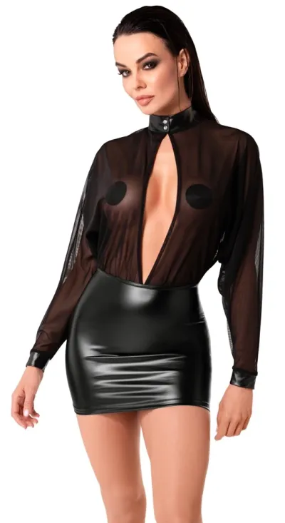 Mini šaty Noir Handmade Orgia, tyl a powerwetlook, černé, L - obrázek 2