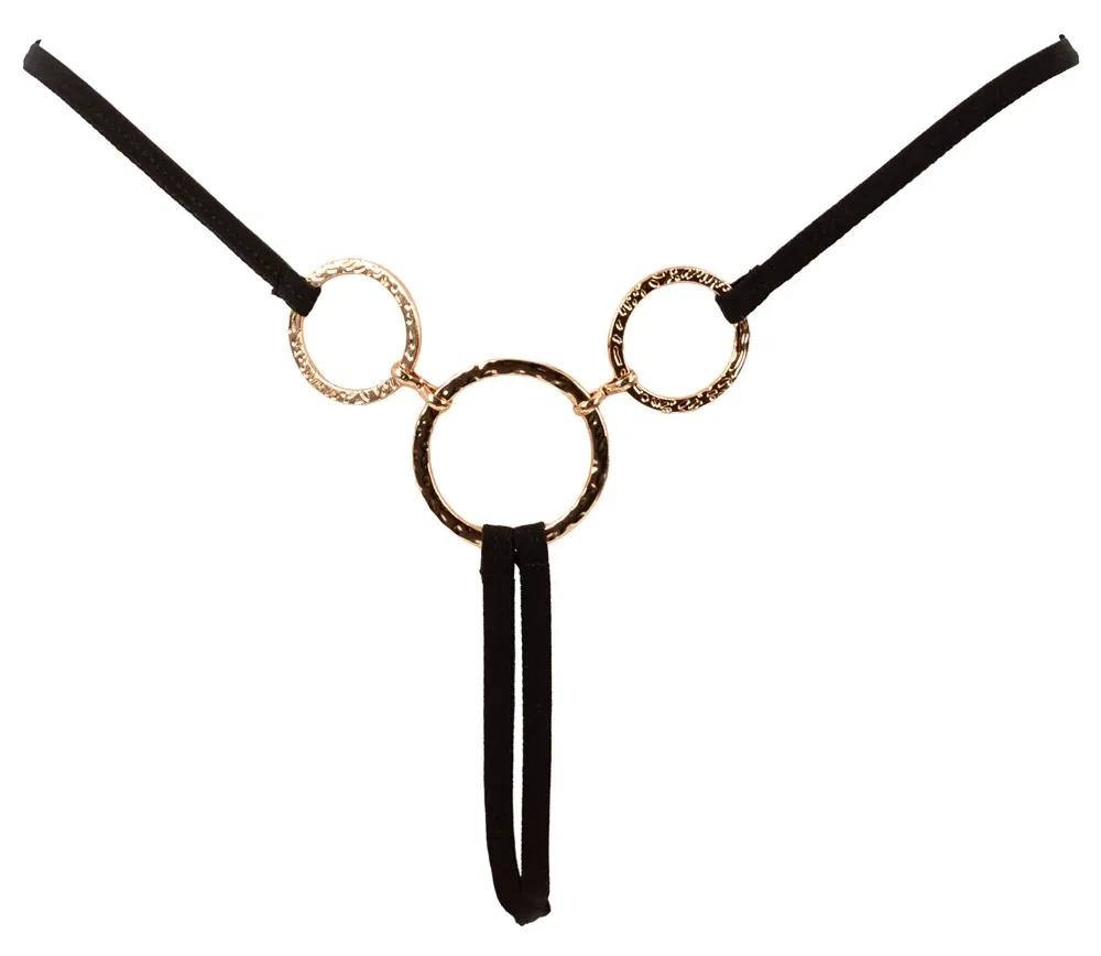 Tanga s otevřeným rozkrokem Cottelli LINGERIE String Rings, černá, zlaté kroužky, S-L - obrázek 5