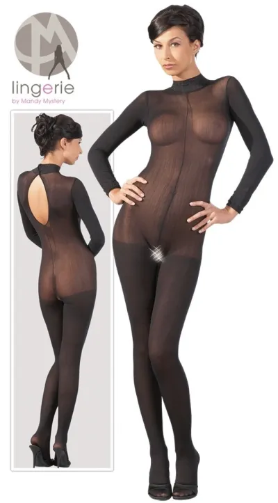 Síťový catsuit Cottelli Collection s krajkovým límečkem, černý, M/L - obrázek 6