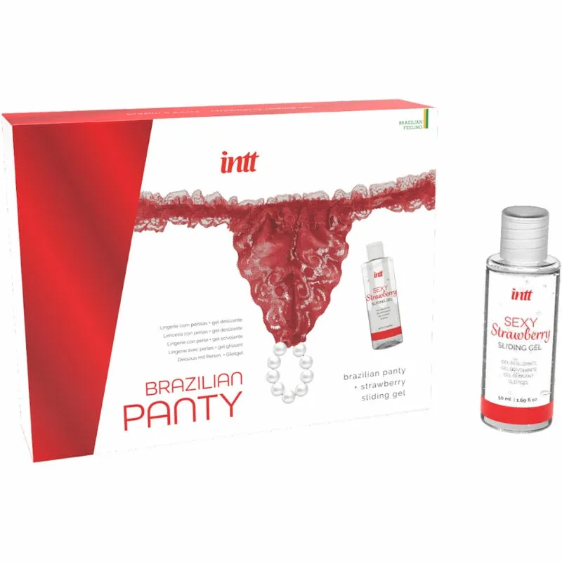 Perlová tanga INTT Brazilian Panty, červená, s jahodovým lubrikačním gelem 50 ml - obrázek 2