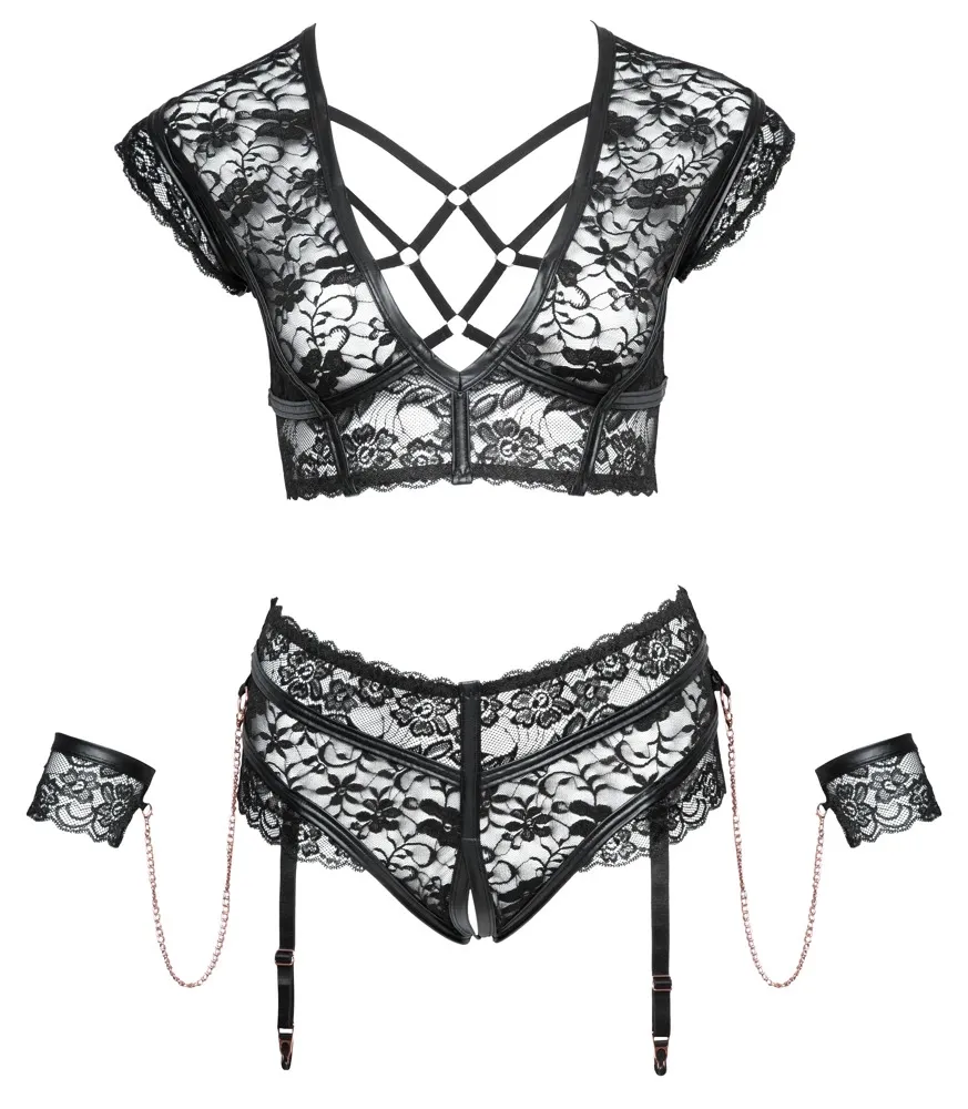 Krajkový komplet Cottelli Bondage s pouty, kalhotky s otevřeným rozkrokem, černý, 4XL - obrázek 6