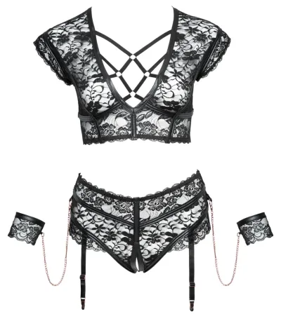 Krajkový komplet Cottelli Bondage s pouty, kalhotky s otevřeným rozkrokem, černý, 4XL - obrázek 6
