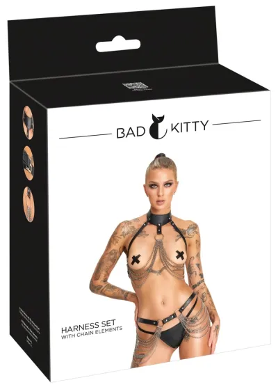Sada postrojů Bad Kitty Harness z umělé kůže s řetízky, 3 díly, černá, S-L