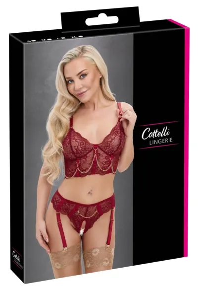 Krajkový komplet Cottelli LINGERIE s řetízky a podvazky, tmavě červený, S