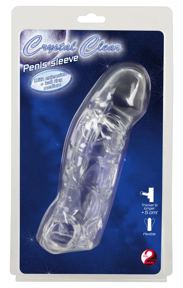 Prodlužovací návlek na penis Crystal Clear s kroužkem, TPE, průhledný, 19,2 cm