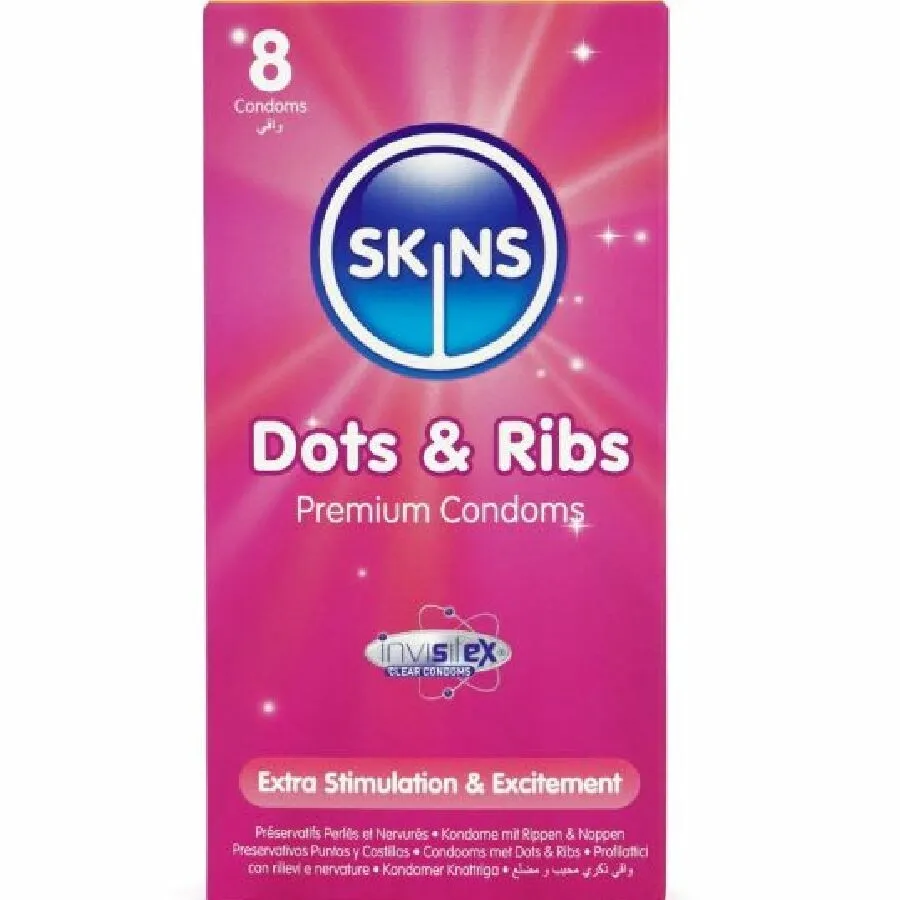 Vroubkované kondomy Skins Dots & Ribs, 8 ks