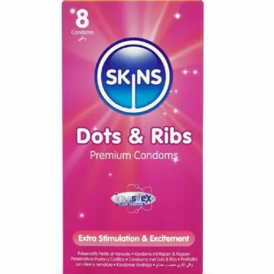 Vroubkované kondomy Skins Dots & Ribs, 8 ks