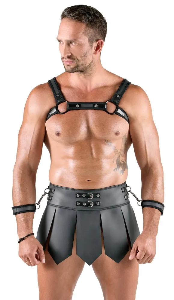 Gladiátorský set Svenjoyment Bondage, sukně, postroj na hrudník a pouta, černý, XL - obrázek 4