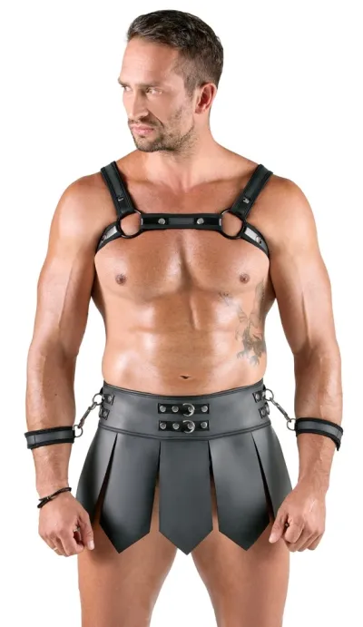 Gladiátorský set Svenjoyment Bondage, sukně, postroj na hrudník a pouta, černý, XL - obrázek 4