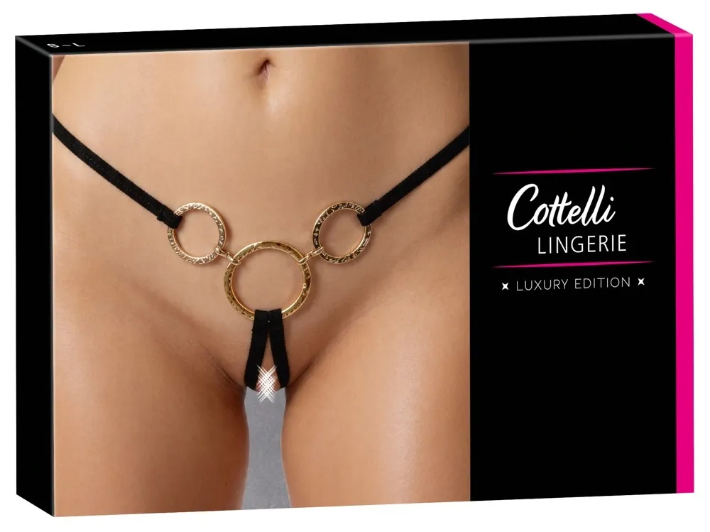 Tanga s otevřeným rozkrokem Cottelli LINGERIE String Rings, černá, zlaté kroužky, S-L