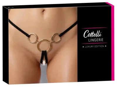 Tanga s otevřeným rozkrokem Cottelli LINGERIE String Rings, černá, zlaté kroužky, S-L