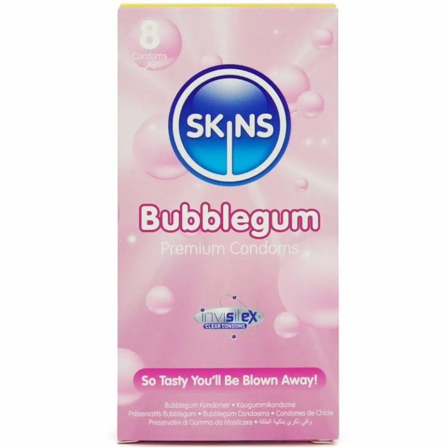Kondomy Skins Bubblegum s příchutí žvýkačky, 8 ks