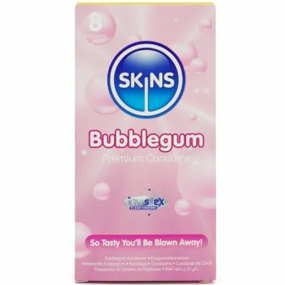 Kondomy Skins Bubblegum s příchutí žvýkačky, 8 ks