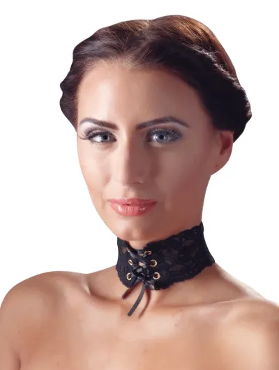 Krajkový choker Svenjoyment se saténovým šněrováním, černý, 32 cm - obrázek 3