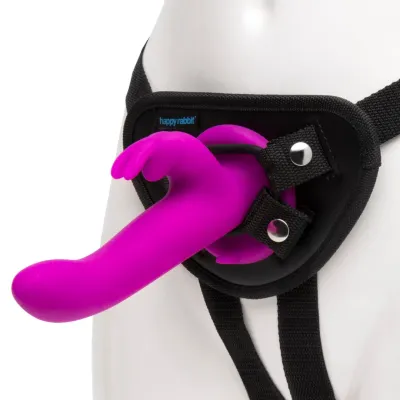 Vibrační strap-on s postrojem Happy Rabbit, silikonový, 15 režimů, fialový - obrázek 2
