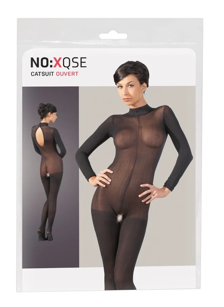 Síťový catsuit Cottelli Collection s krajkovým límečkem, černý, M/L