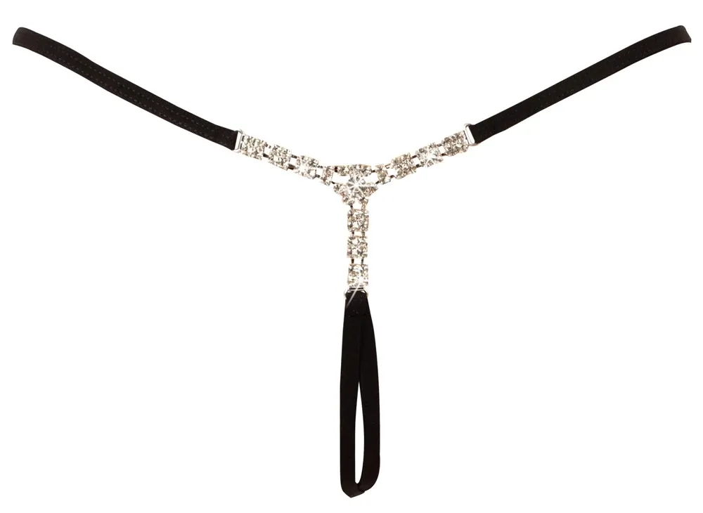 Tanga s otevřeným rozkrokem Cottelli LINGERIE s kamínky, nastavitelná, černá, S-L - obrázek 6