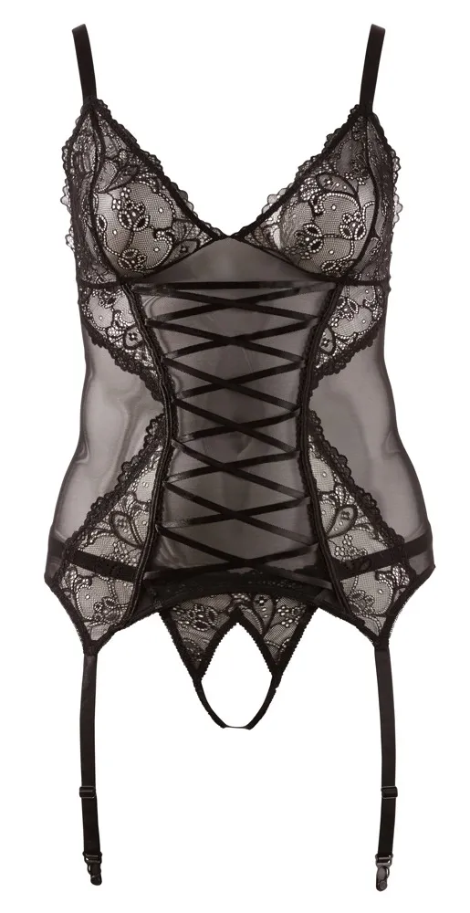 Krajková souprava Cottelli Collection, top s podvazky a tanga, černá, 3XL - obrázek 5