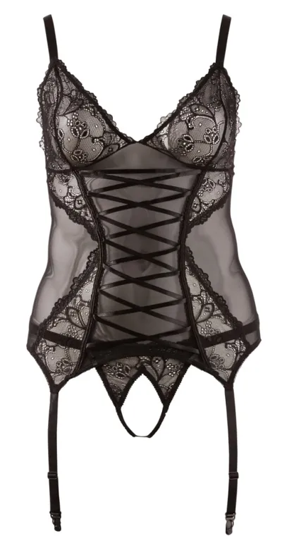 Krajková souprava Cottelli Collection, top s podvazky a tanga, černá, 3XL - obrázek 5