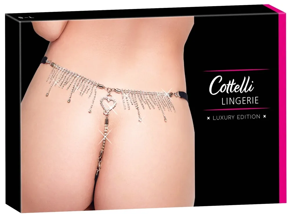 Tanga Cottelli LINGERIE s krajkou a štrasovými kamínky, černá, S-L