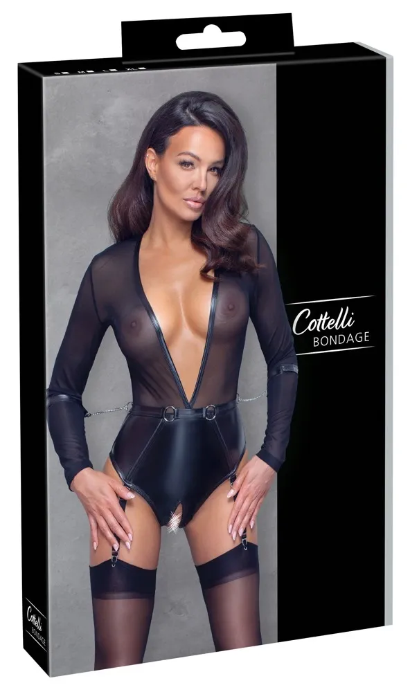 Bondage body Cottelli Collection s rukávy a pouty, matné černé, L