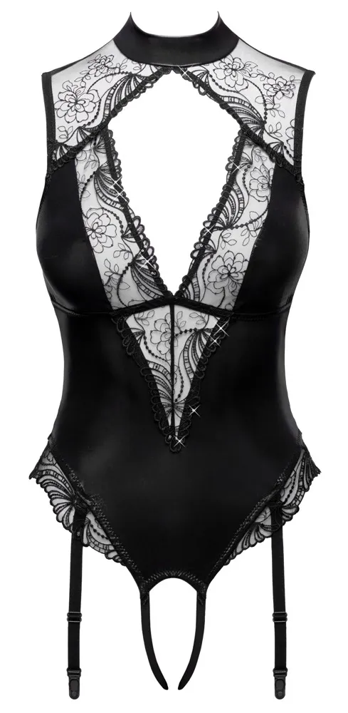 Body Cottelli LINGERIE s podvazky a otevřeným rozkrokem, wetlook a flitry, černé, S - obrázek 6