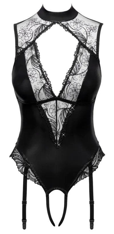 Body Cottelli LINGERIE s podvazky a otevřeným rozkrokem, wetlook a flitry, černé, S - obrázek 6
