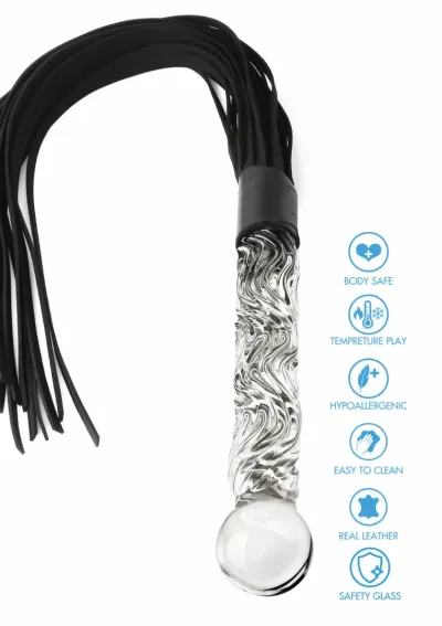 Kožené důtky TOYJOY Crystal Leather Whip se skleněnou rukojetí, 66 cm - obrázek 3