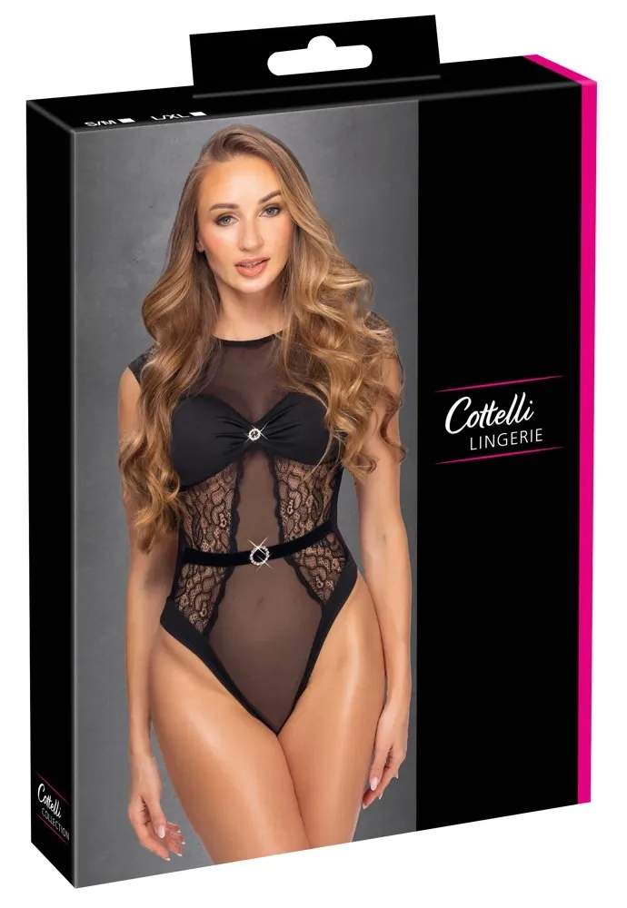 Krajkové body Cottelli LINGERIE Rhinestones s kamínky, černé, L/XL