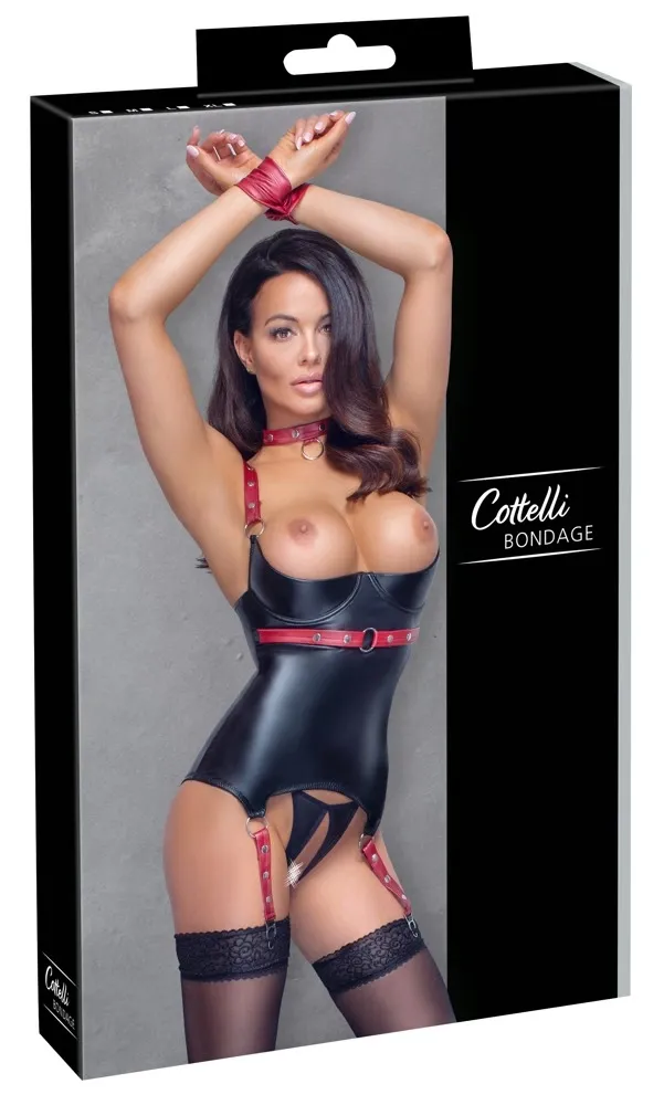 Souprava Cottelli Bondage, korzet, tanga, obojek a pouta, černo-červená, L