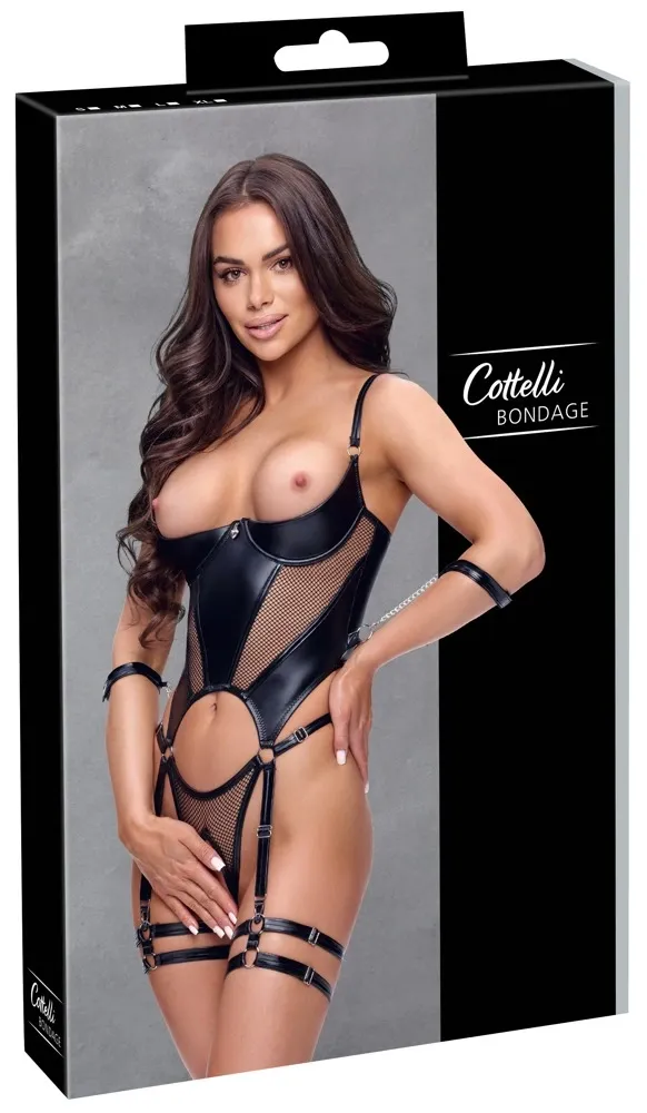 Body s otevřenými košíčky Cottelli Bondage s podvazky, tangami a pouty, černé, S